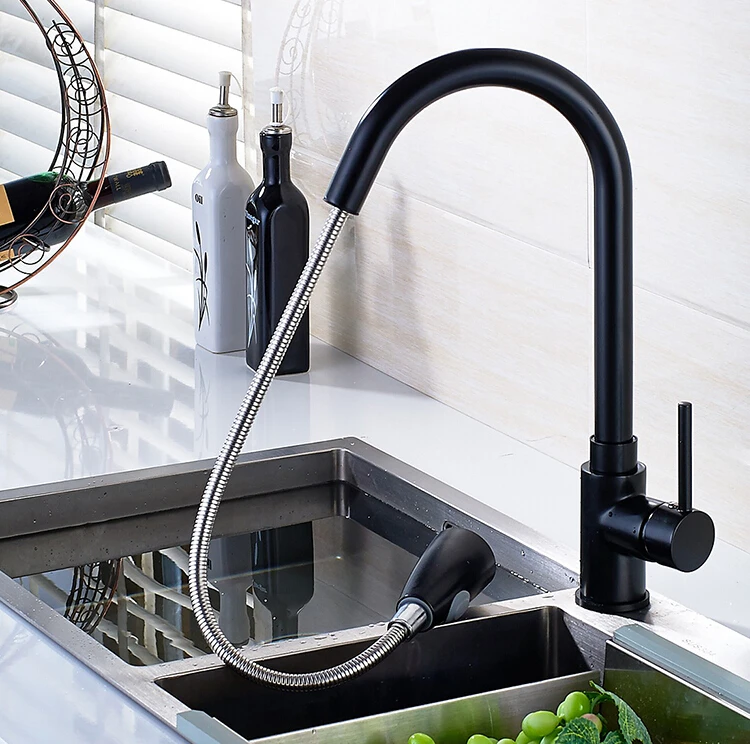 Luxury Black Pull Down Kitchen Faucet New Arrival Solid Brass Swivel ...