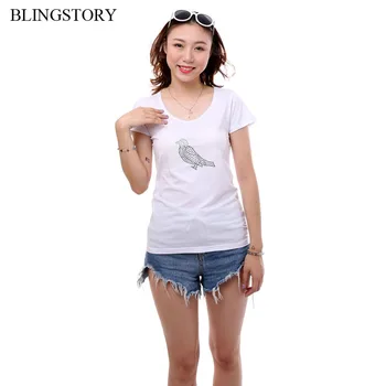 

BLINGSTORY Harajuku Korean Big Size Woman White Top Short Sleeve Rhinestone Beading Bird Print T-shirts S-6XL LP5219037