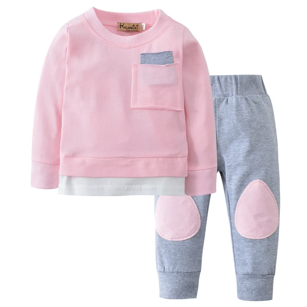 Комплект детской одежды из 2 предметов для близнецов, осенне-зимняя мягкая хлопковая футболка с длинными рукавами для маленьких мальчиков и девочек топы+ штаны, комплекты одежды - Цвет: Pink