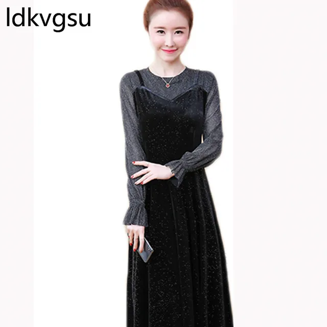 Cheap 2019 New Arrival Dresses Woman Party Night Plus Size Loose Fake 2 Piece Set Women Elegant Dress Long Sleeve Mujer Vestidos f023