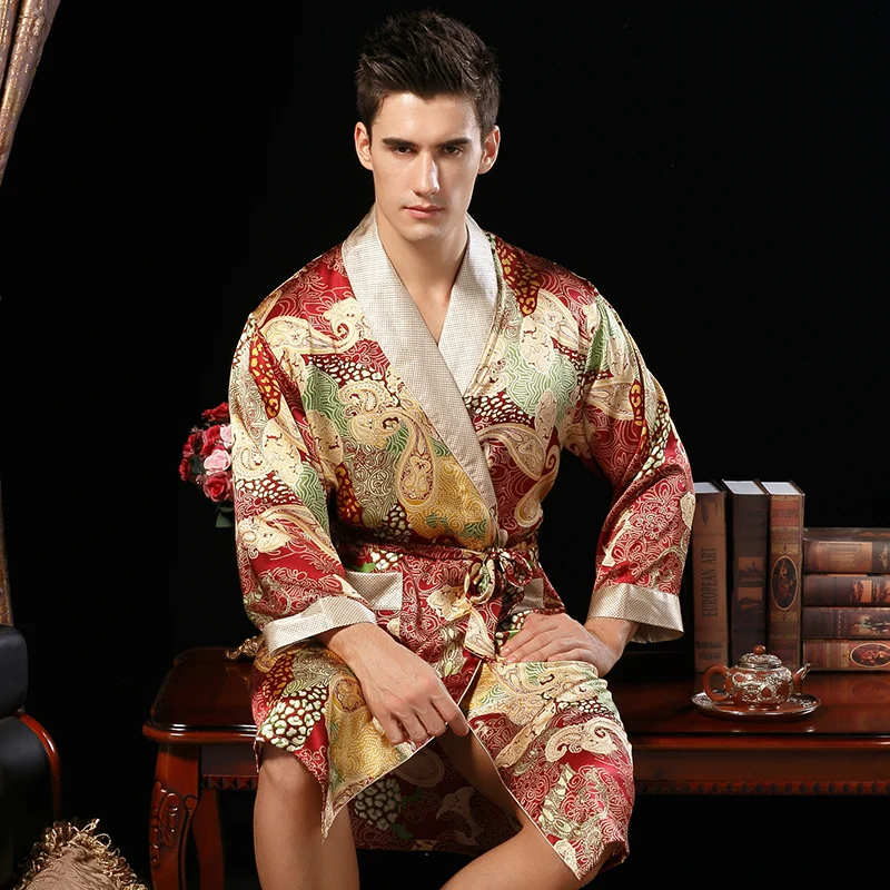 Male Silk Robe Long Sleeve Sleepwear High Quality 100 Silk Men Printed