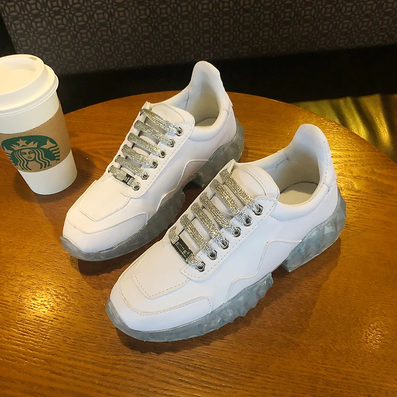 

White Super Daddy Shoes Rhinestones Womens Shoes 2019 Spring New Women Sneakers Women Shoes Lace Up Casual Running Shoes Woman