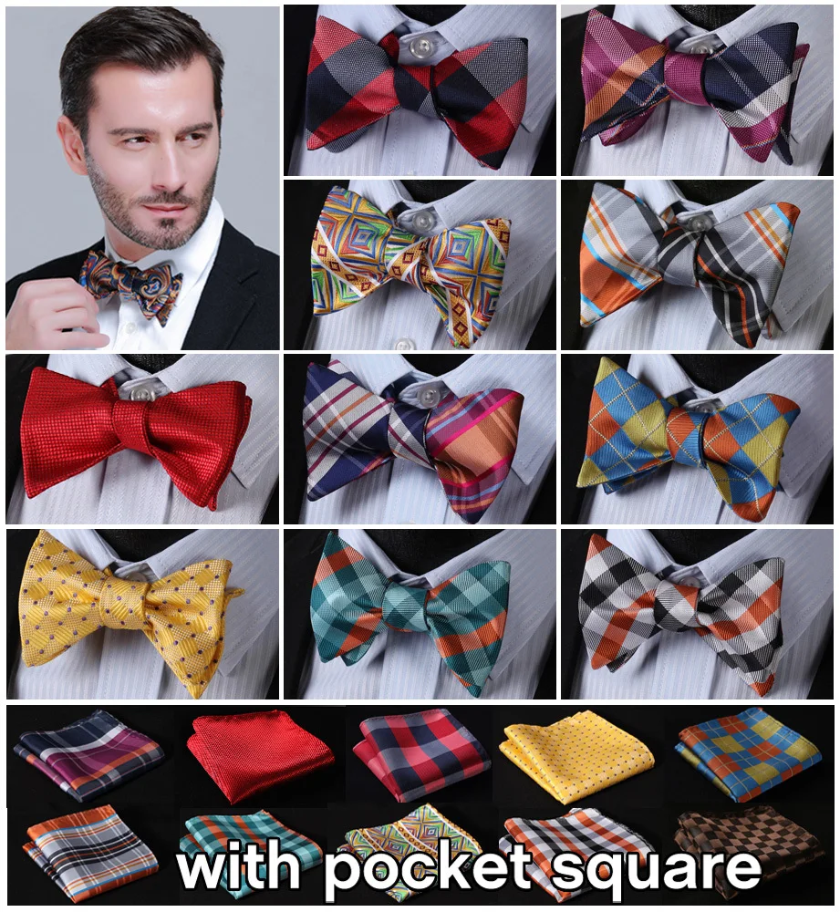  Check 100%Silk Jacquard Woven Men Butterfly Self Bow Tie BowTie Pocket Square Handkerchief Hanky Su