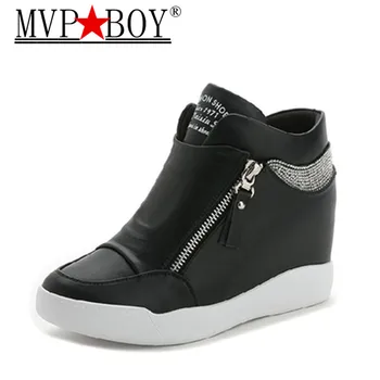 

MVP BOY zipper Women Boots Wedges Hide Heels Rhinestone Leather Boots Platform Shoes High Top Ankle Boots Double Zips Ladies