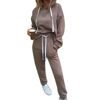 

Spring Women Tracksuit Hoodies Sweatshirt Drawstring Pants Set Solid Color Sportswear