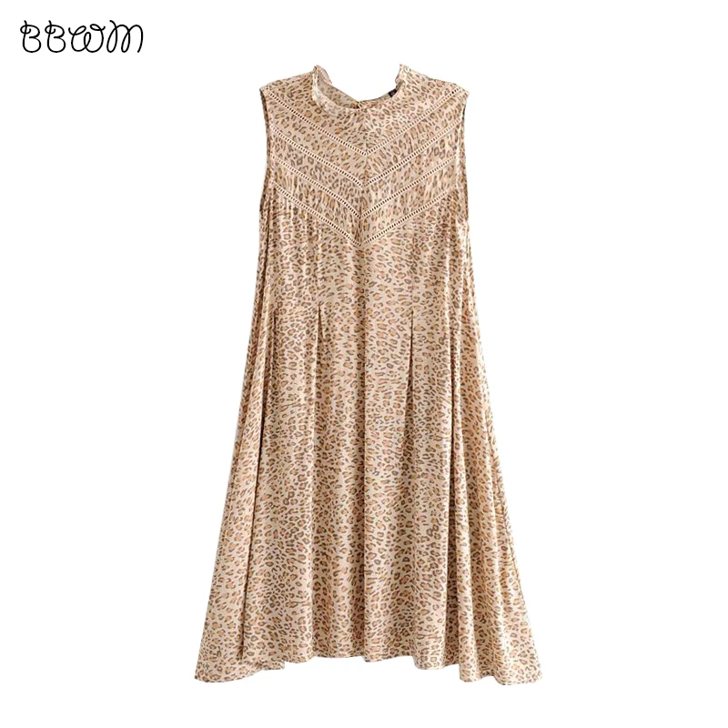 

Chic Leopard Print Patchwork Mini Dress Stylish Summer Boho Women Sleeveless Pleated Beach Dresses Vestidos Mujer