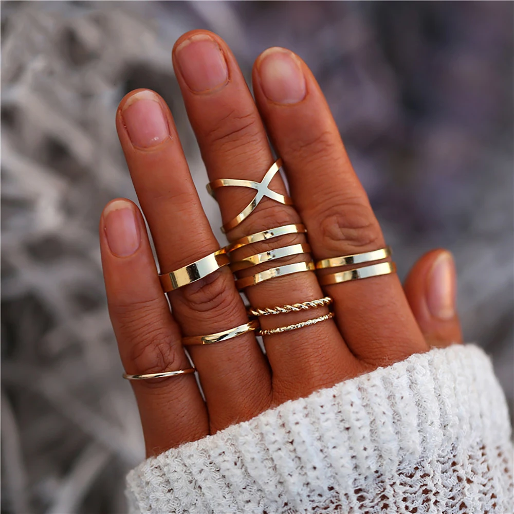 

bls-miracle 8 Pcs/Set Simple Design Round Gold Color Rings Set For Women Handmade Geometry Finger Ring Set Female Jewelry Gifts