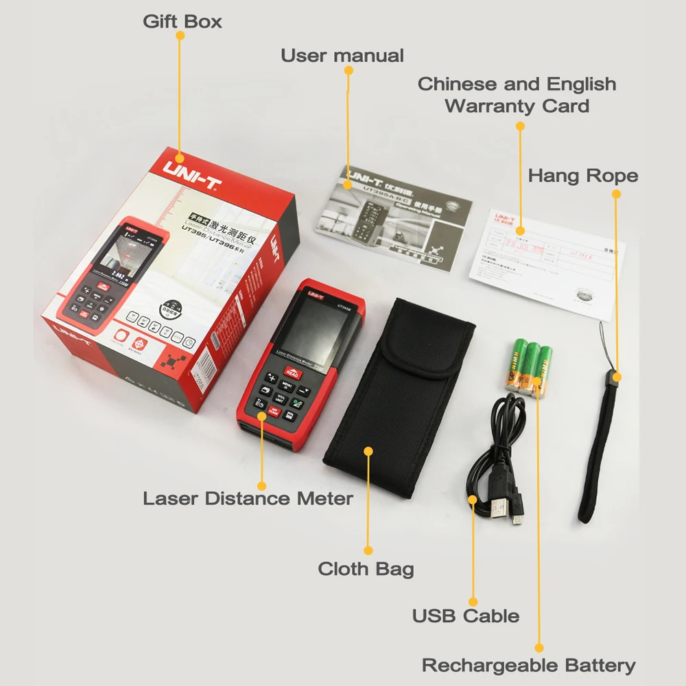 

UNI-T UT395A Laser Distance Meters 50m Range Finder with 2MP Lens Electronic Leveler Rangefinder Best Accuracy 2mm Data Export