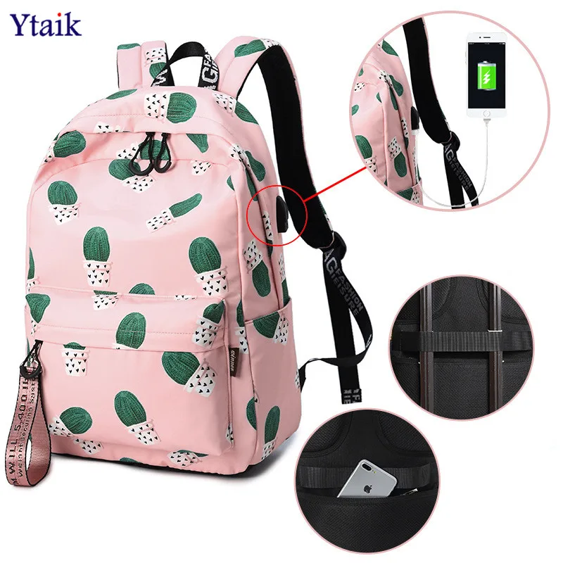 YTAIK Waterproof USB Charging Anti Theft Backpack Women Cactus Bookbag Cute School Bag for Teenage Girls Kawaii Pink Knapsack
