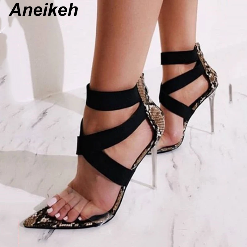 

Aneikeh Mature 2019 Summer High Heels PU Gladiator Sandals Women Shoes Sexy Transparent Serpentine Pointed Toe Cover Heel 35-42
