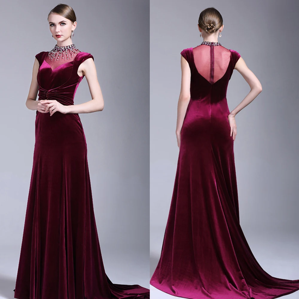 Vintage Burgundy Velour Long Evening Dress 2015 Elegant Rhinestone