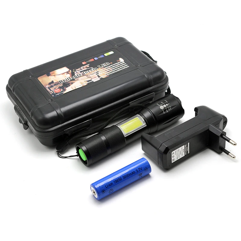 Kopen Geschenkdoos CREE XM T6 amp; COB 3800Lm waterdicht 4 modi focus Zoomable led zaklamp zaklamp lantaarn met 18650 batterij en oplader
