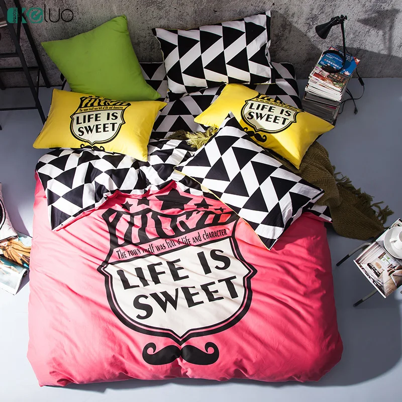 

KELUO Fashion Simple Bedding Set Duvet Cover Bedclothes Print Bedding sets Flat sheet 4PC Queen Pure color Life Sweet