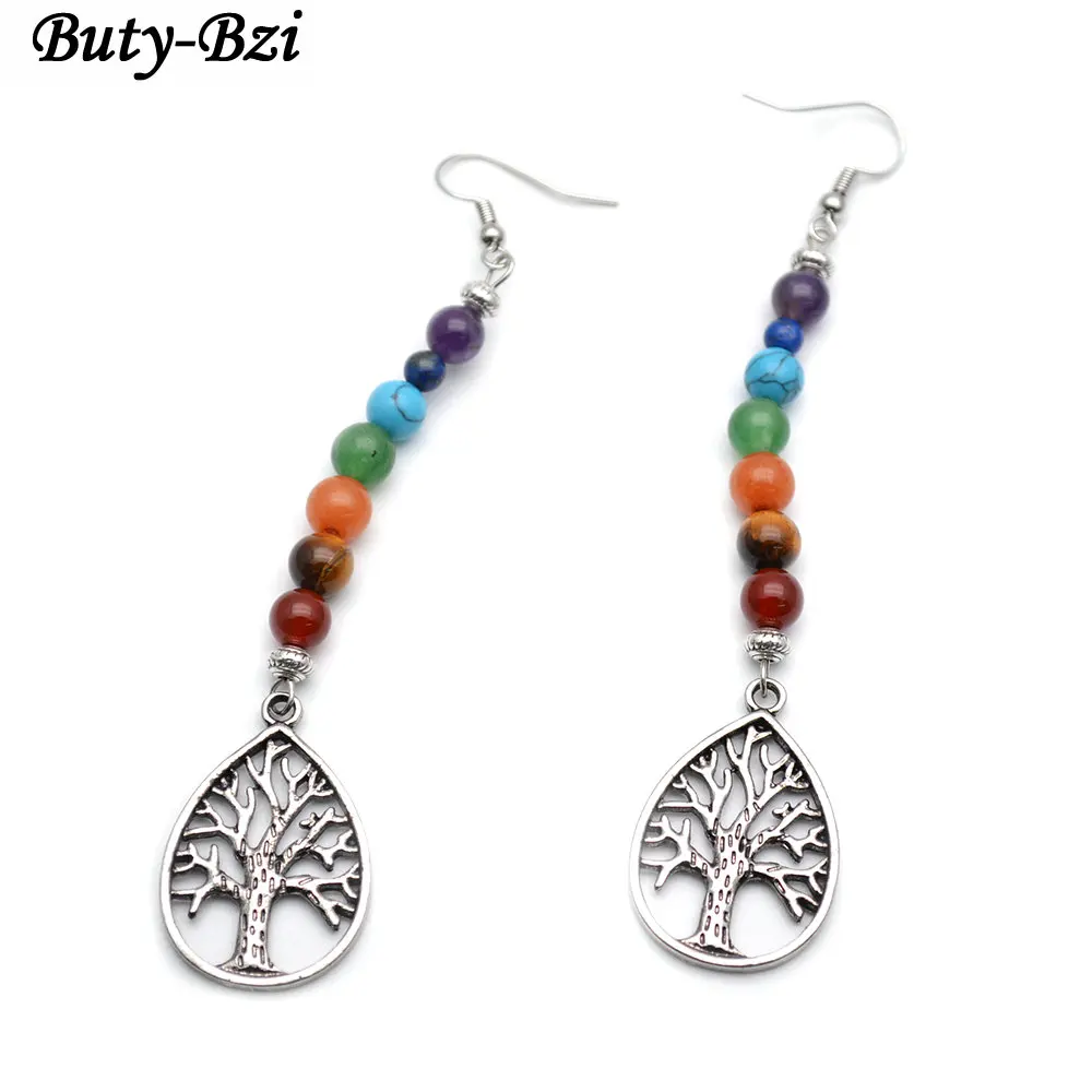 

Metal Life Tree Charm Dangle 7 Kinds Stone Round Beads Chakra Earrings Crystal Healing Jewelrys