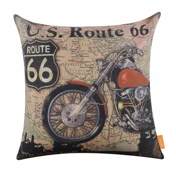 

LINKWELL 45x45cm Vintage Motorcycle Route 66 World Map Retro Look Mother Road Accent Home Pillowcase Burlap Cushion Cover