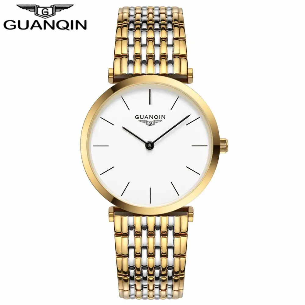 GUANQIN, женские часы,, Роскошные, Топ бренд, часы для женщин, Повседневная мода, золото, серебро, сталь, кварцевые часы для девушек, relogio feminino - Цвет: Gold White Bar