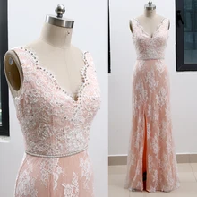 Розовое платье с v-образным вырезом, длиной до пола, украшенное кристаллами, кружевное платье Вечерние для выпускного вечера, свадебное вечернее платье 264193