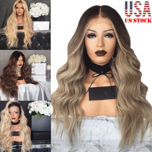 

Fashion 28''Long Curly Wavy Brown Linen Ombre Wig Hair Black Gold Wigs for Women