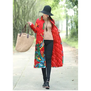 

Autumn winter national style large size loose long cotton linen coat female retro art printing parkas for women's outerwear d019