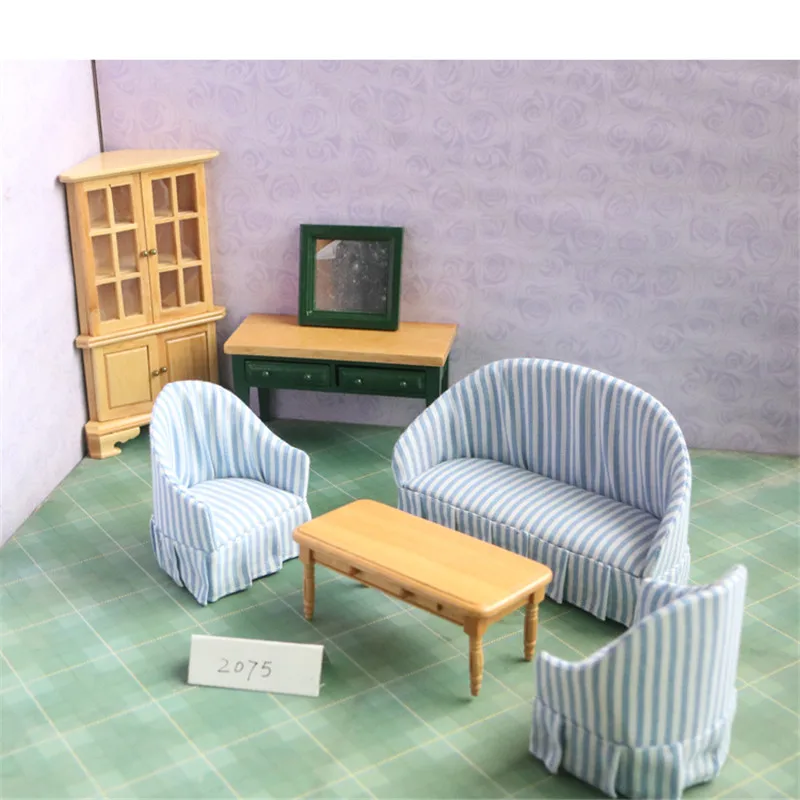 1:12 دمية مصغرة الأريكة مفروشات خزانة المطبخ البسيطة طاولة شاي خشبية أريكة 7 قطعة/المجموعة الأطفال هدية منزل اللعب اللعب