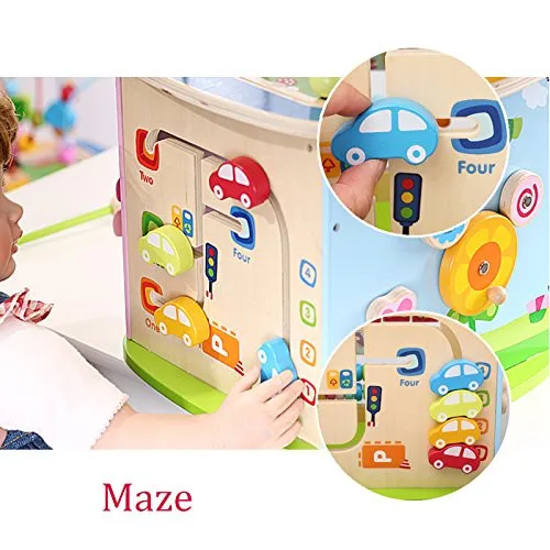 BigNoseDeer Wooden toys Activity Cube Learning Beads wire Maze Parking game Center 5 in 1 for toddlers Gift04