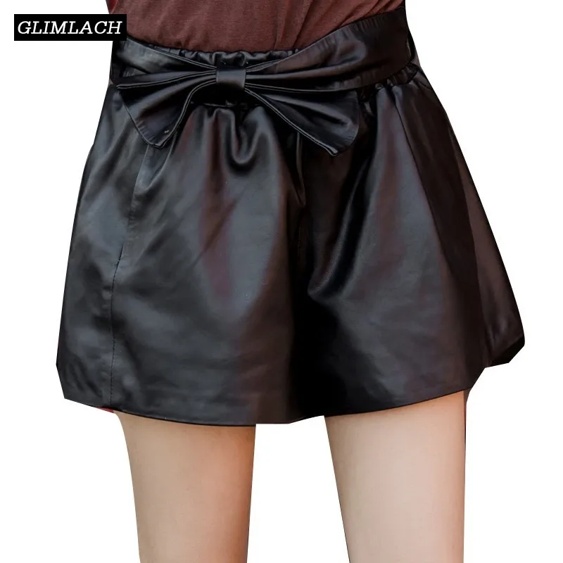 

2019 Luxury Sheepskin Sashes Bow Genuine Leather Shorts Women Casual Korean Spring Autumn Real Leather Wide Leg Hot Shorts Lady