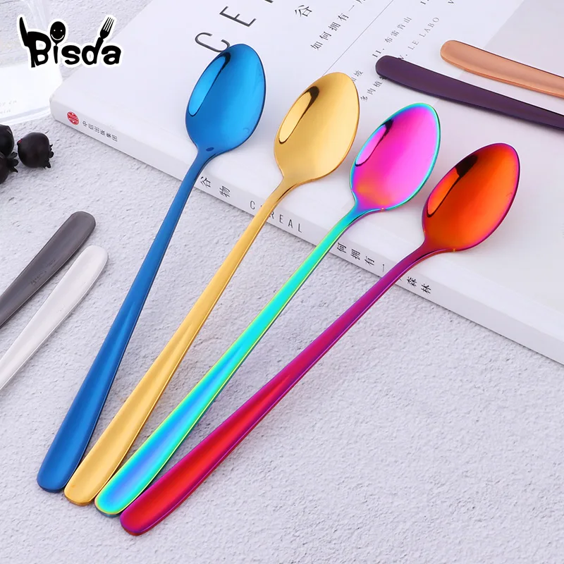 Long Handle Ice Spoons Stainless Steel Dessert Spoon Colorful Stirring Honey Tools Drinkware Coffee Party Restaurant 2Pcs stainless steel spoon