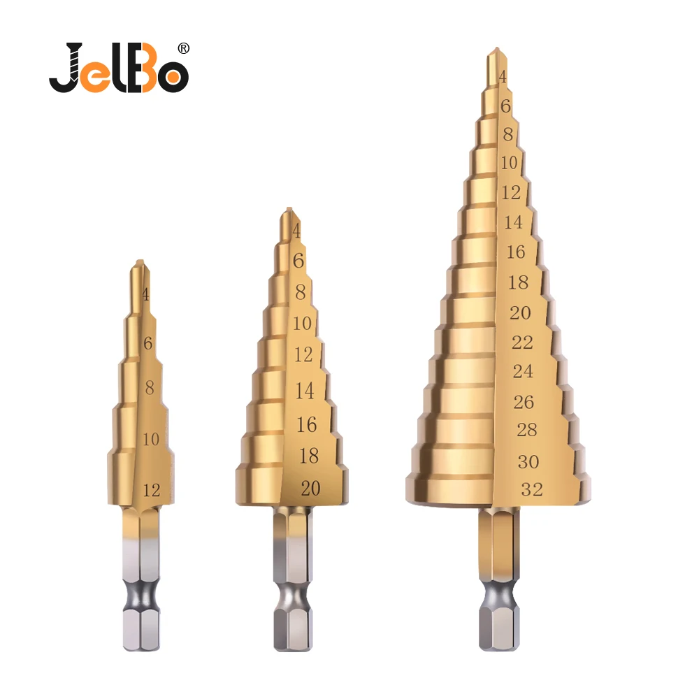 JelBo Drill Bit Set Power Tools Step Drill 4-12mm/20mm/32mm HSS Step Drill Bits Cone Titanium Coate
