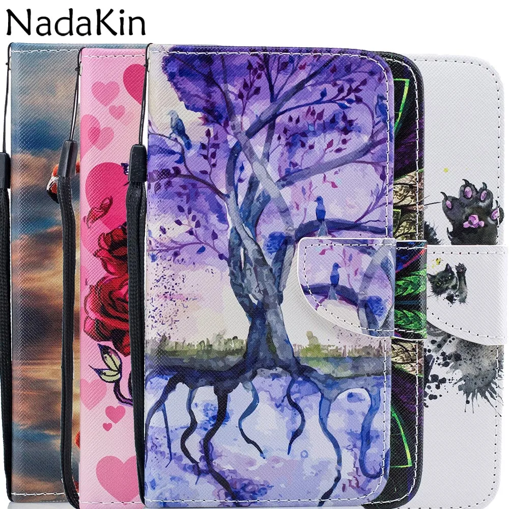 

Stylish Painted Book Phone Case Shell for Samsung Galaxy S7 Edge S8 S9 S10 Plus S10e Note 9 Flip Leather Wallet Cover With Strap