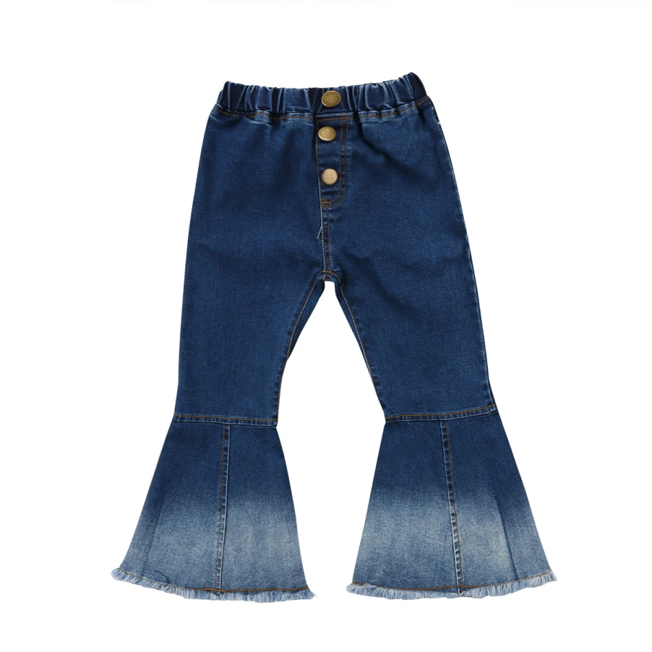 Модные длинные брючные пуговицы для маленьких девочек, расклешенные джинсы Широкие штаны брюки с высокой талией Sunsuit 2-7Y