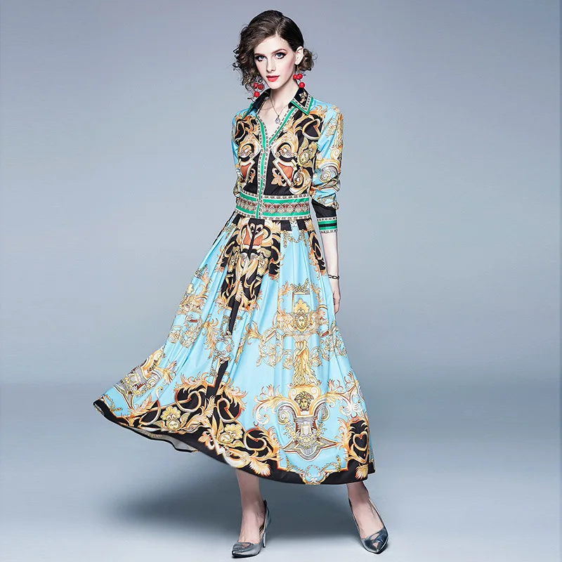 

2019 Fashion Autumn Long Dress Women Long Sleeve V-neck Slim A-Line Casual Pleated Print Vintage Beach Maxi Dresses Mujer