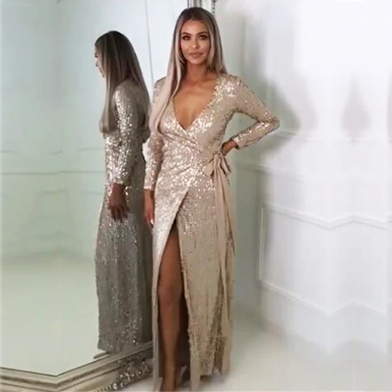 Dressmecb Женщина Sexy Макси платья с длинным рукавом Bodycon V Средства ухода за кожей Шеи