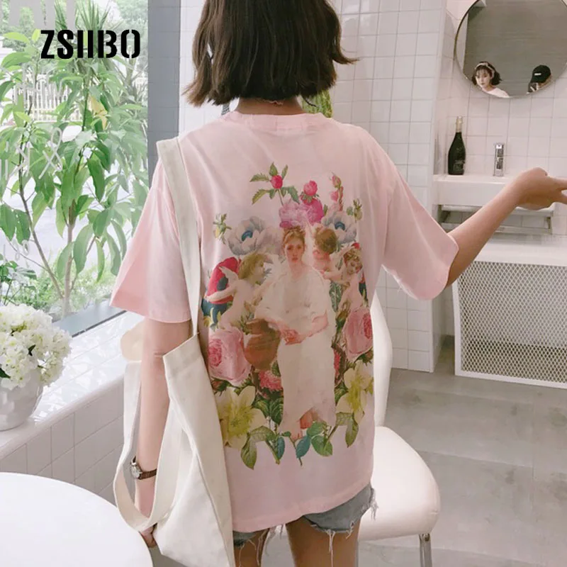 

Summer new Korea ulzzang tops Harajuku cute Madonna Letter print loose cartoon short-sleeved casual O-Neck Floral T-shirt