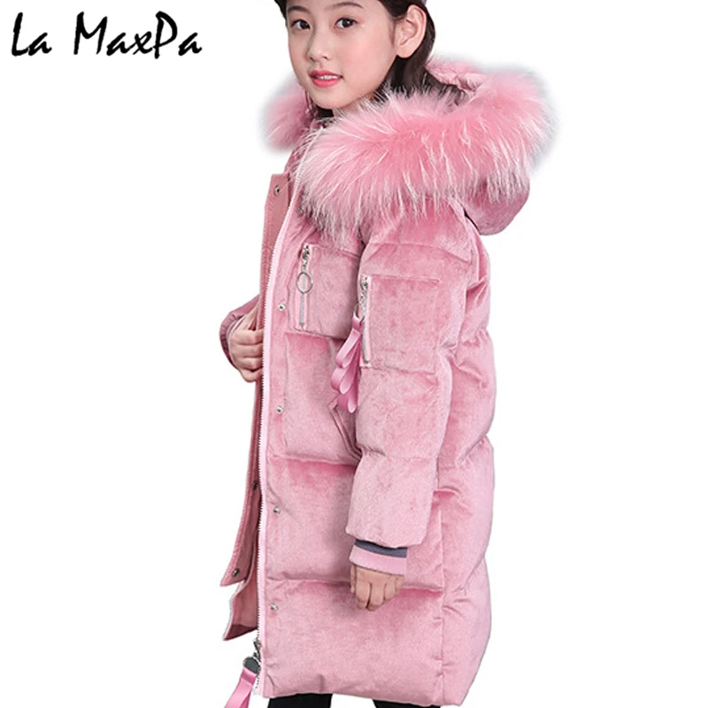 

New Russia children's Winter Down Jacket for girl clothes Parka Warm Jackets kids Long Section Hooded Fur Collar Coat -30 deg