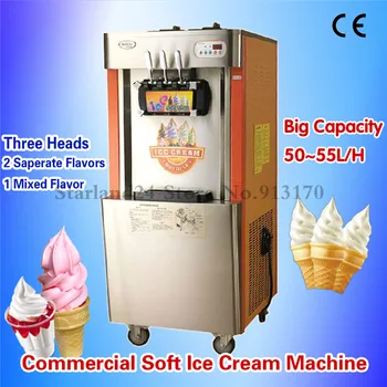 

Floor Stand Soft Ice Cream Making Machine Three Heads Sunsae Ice Cream Maker with High Capacity Yield 52~55L/H for Resturants