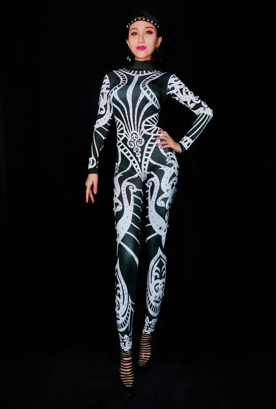 Fashion Shining Black White Printed Rhinestone Jumpsuit Female Leggings Costume One-piece Bodysuit Stretch Outfit Party Costume