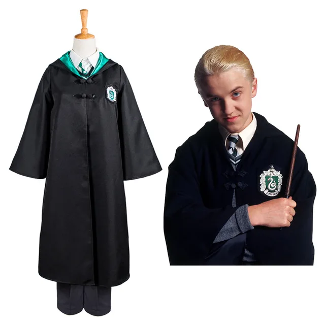 

Slytherin School Uniform Draco Malfoy Cosplay Costume Robe Cloak Wig Magic Wand For Child Halloween Carnival Party Costumes