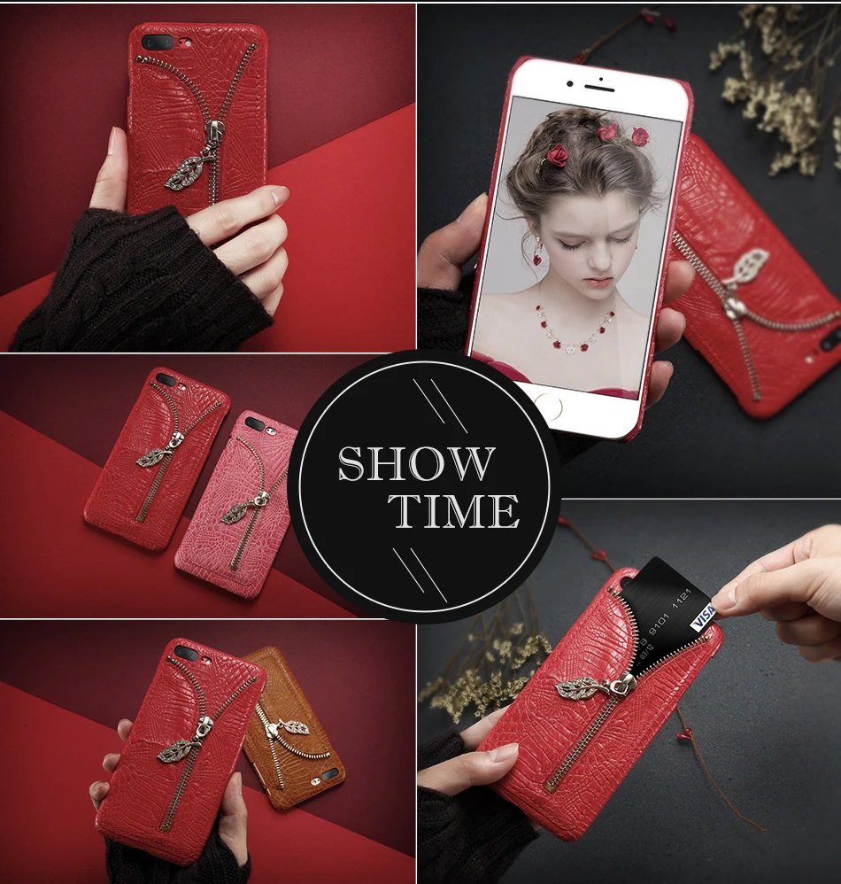 Zipper Leather Case For iPhone 6 6S 7 Plus 5 5S Rhinestone Leaf Crocodile Pattern (3)