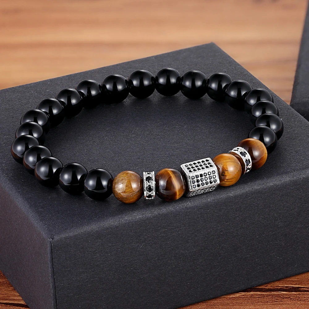 African CZ Charm Stretch 8MM Tiger Eye Shiny Black Beads Bracelets