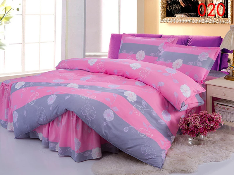 Twin Full Queen White PInk Polyester Bed Skirt 4Pcs Bedding Set Dust Ruffle Bedclothes Sets Duvet Cover Quilt Cover Pillowcase