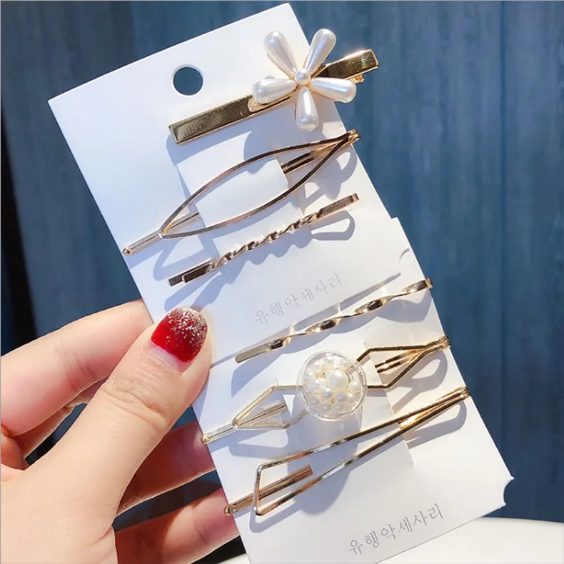 

Korea Simulated Pearl Flower Acrylic Beads Gold Color Metal Hair Clips Sets For Women Hollow Star Heart Hairpins Barrettes