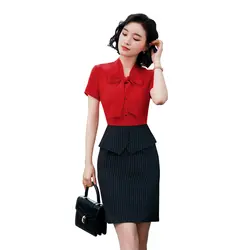 Летнее офисное платье элегантные женские bodycon плюс размер красный черный карандаш платье с коротким рукавом мини в полоску повседневные