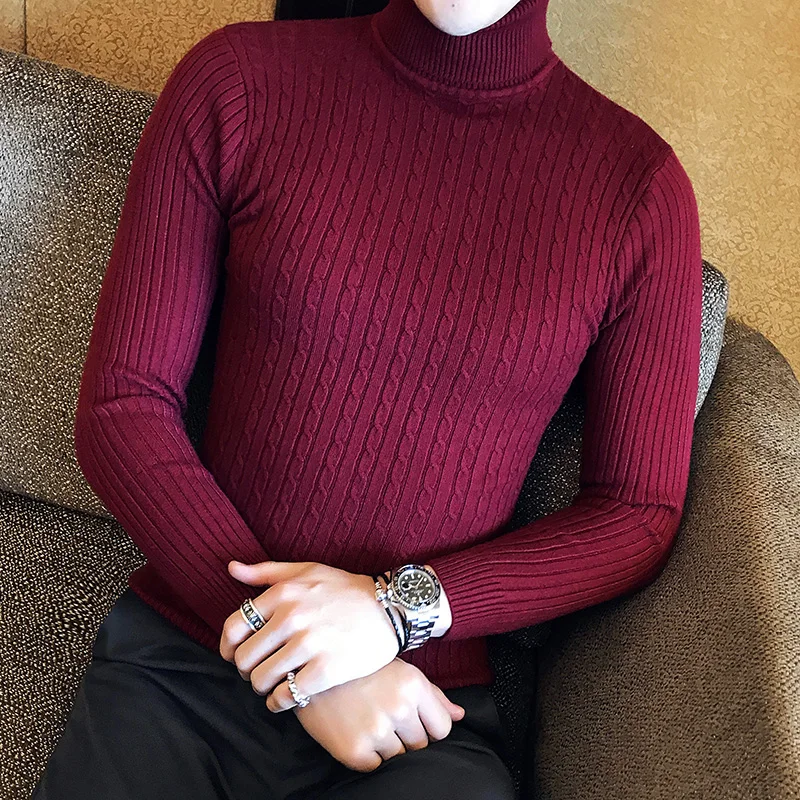 Корейский Тонкий Однотонный свитер с высоким воротником мужской зимний теплый вязаный свитер с длинными рукавами классический однотонный Повседневная Длинная рубашка - Цвет: Red wine