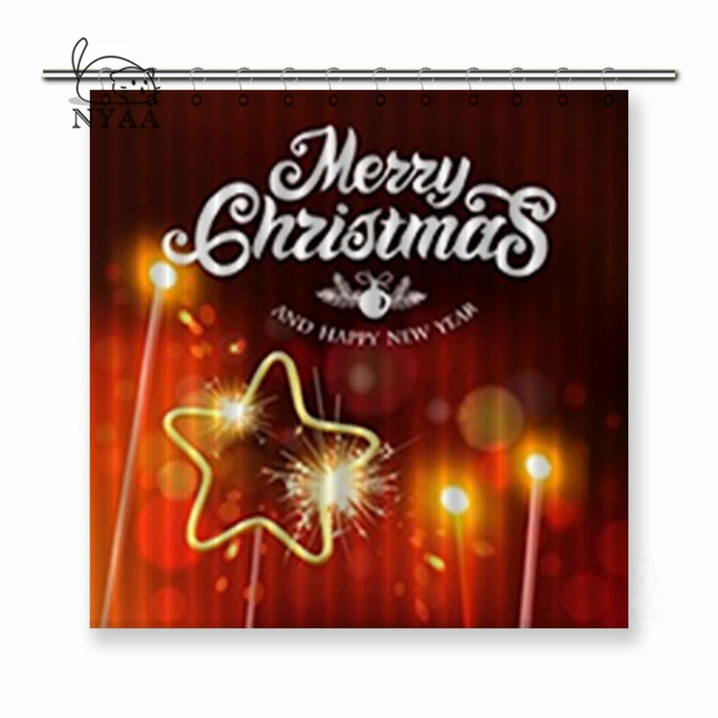 

Nyaa Typography for Poster with Bengal Lights Merry Christmas Hand Lettering Polyester Fabric Shower Curtains For Bathroom