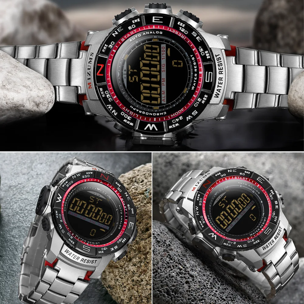 Mizums спортивные цифровые часы для мужчин светодиодный дисплей водонепроницаемые мужские кварцевые часы Стальные мужские наручные часы Relogio dourado masculino