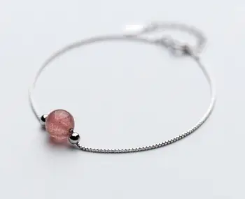 

100% Real. 925 Sterling Silver Jewelry Double Round Beads &Natural Strawberry Quarts Stone Chain Bracelet Adjustable GTLS531