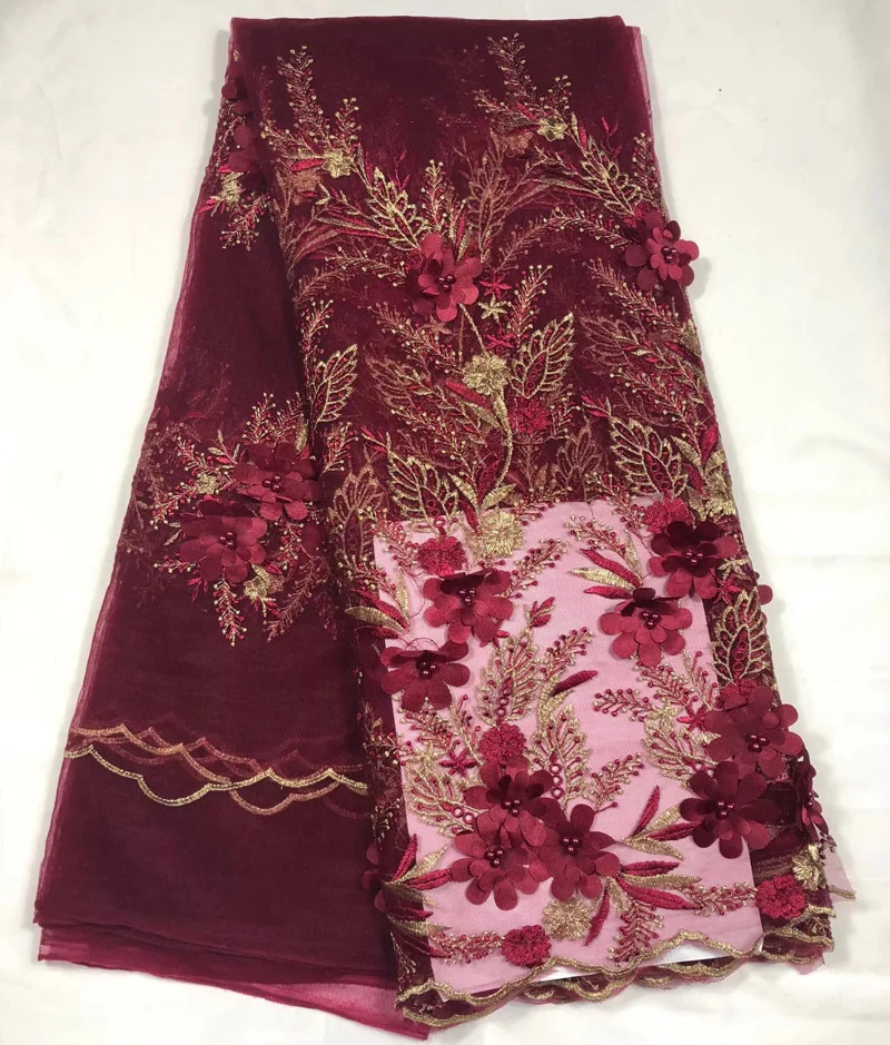 

Free shipping (5yards/pc) wine red 3D flowers lace soft African French net lace fabric with beads for party dress FL3949