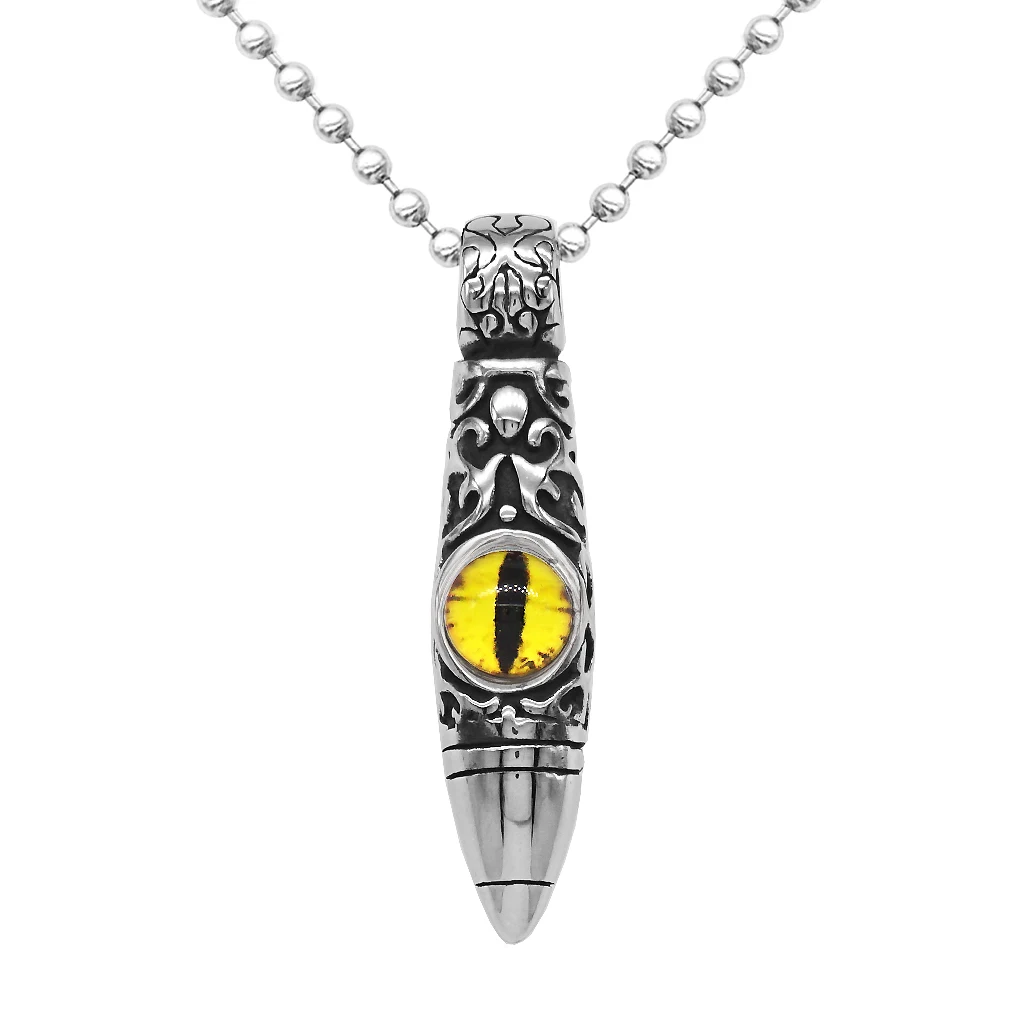 Vintage Stainless Steel Bullet Shape Evil Eye Pendant Ball Chain Necklace Fashion Punk Mens Jewelry