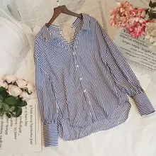 Female Cotton Shirt Women V-neck Sweet Long-sleeved Loose Striped Casual Tie Blouse Female Cotton Shirt Women V-neck Sweet Long-sleeved Loose Striped Casual Tie Blouse
