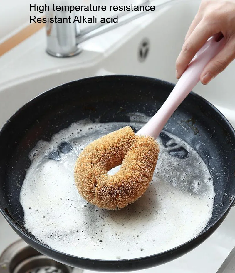 Natural Coconut Long Handle Cleaning Brush Non-stick Oil Pot Brushes Dish Washing Oil Kitchen Cleaning Brush 4 Colors  (11)